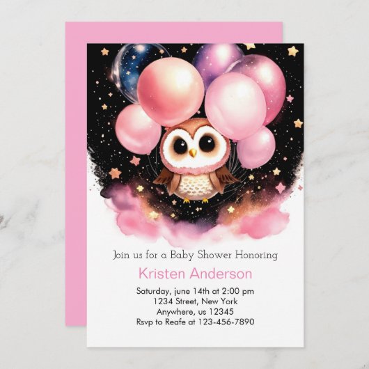 ピンクお洒落フクロウ山花少女ベビーシャワー 招待状 (正面/裏面)