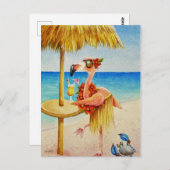 ピンクお洒落フラミンゴNo. 4水彩画 ポストカード (正面/裏面)