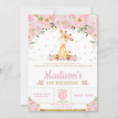 ピンクお洒落フローラキリンの女の子の誕生日パーティー 招待状 (正面)