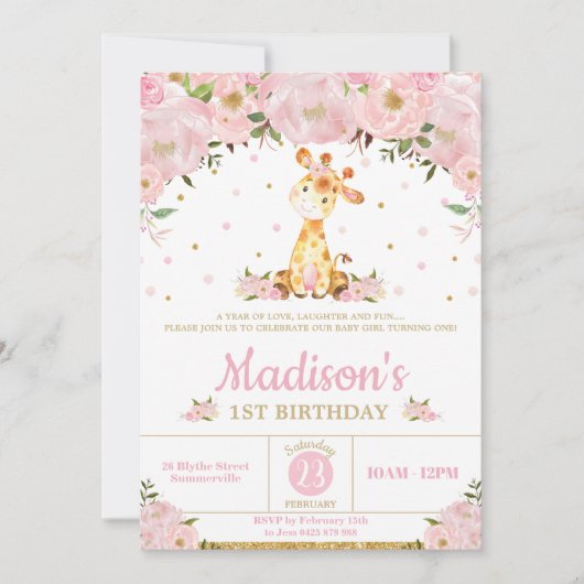 ピンクお洒落フローラキリンの女の子の誕生日パーティー 招待状 (正面)