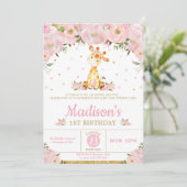 ピンクお洒落フローラキリンの女の子の誕生日パーティー 招待状 (スタンド正面)