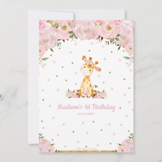 ピンクお洒落フローラキリンの女の子の誕生日パーティー 招待状 (裏面)