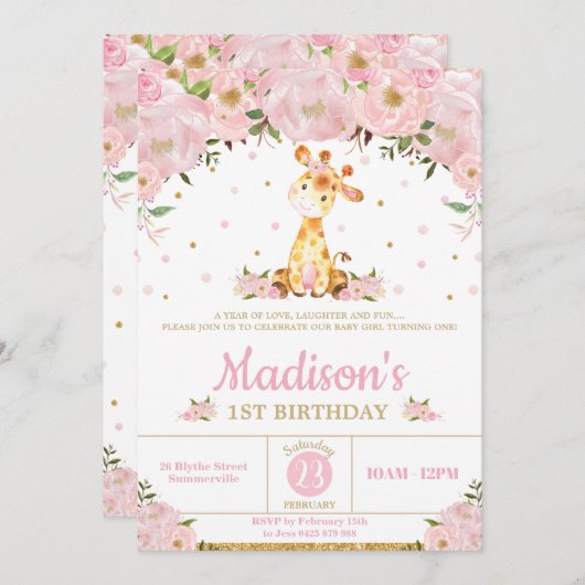 ピンクお洒落フローラキリンの女の子の誕生日パーティー 招待状 (正面/裏面)