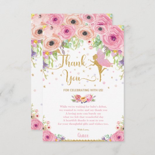 ピンクお洒落フローラフェアリーベビーシャワー誕生日 サンキューカード (正面/裏面)