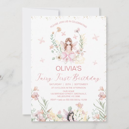 ピンクお洒落フローラフェアリー第1誕生日 招待状 (正面)