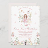 ピンクお洒落フローラフェアリー第1誕生日 招待状 (正面/裏面)