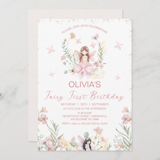 ピンクお洒落フローラフェアリー第1誕生日 招待状 (正面/裏面)