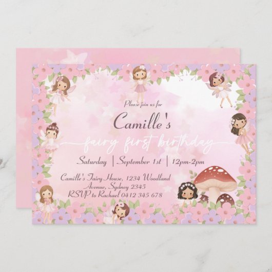 ピンクお洒落フローラフェアリー1歳の誕生日 招待状 (正面/裏面)