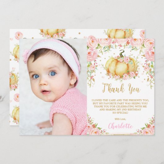 ピンクお洒落フローラリトルカボチャ誕生日 サンキューカード (正面/裏面)