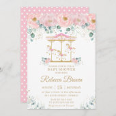 ピンクお洒落フローラ回転木馬ガールベビーシャワー 招待状 (正面/裏面)