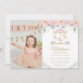 ピンクお洒落フローラ回転木馬第1期バースデーフォト 招待状 (正面)