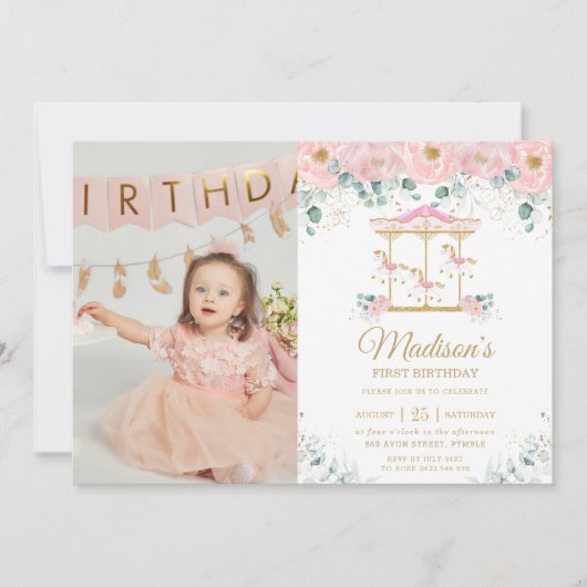 ピンクお洒落フローラ回転木馬第1期バースデーフォト 招待状 (正面)