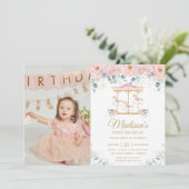 ピンクお洒落フローラ回転木馬第1期バースデーフォト 招待状 (スタンド正面)
