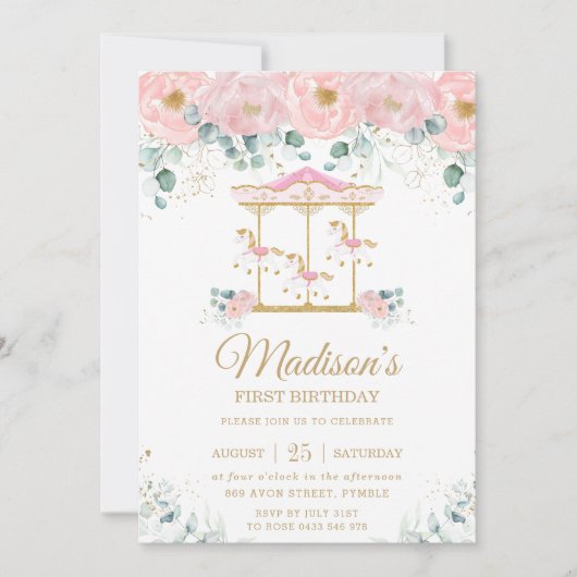 ピンクお洒落フローラ回転木馬第1誕生日パーティー 招待状 (正面)