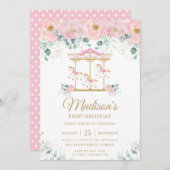 ピンクお洒落フローラ回転木馬第1誕生日パーティー 招待状 (正面/裏面)