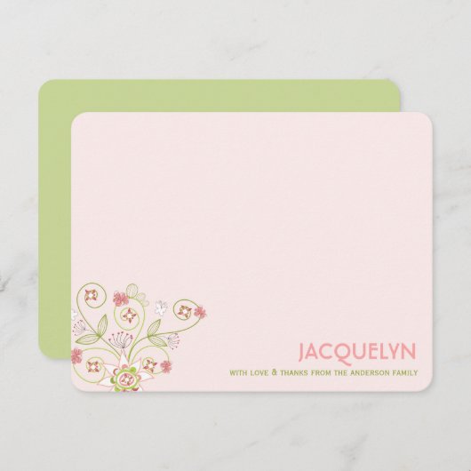 ピンクお洒落フローラ開花シックな女の子ベビーシャワー サンキューカード (正面/裏面)