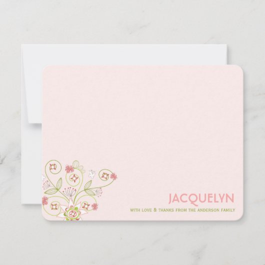 ピンクお洒落フローラ開花シックな女の子ベビーシャワー サンキューカード (正面)