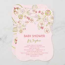 ピンクお洒落フローラ開花シックな女の子ベビーシャワー 招待状
