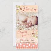 ピンクお洒落フローラ開花ベビーガールフォト誕生 案内状 (正面)