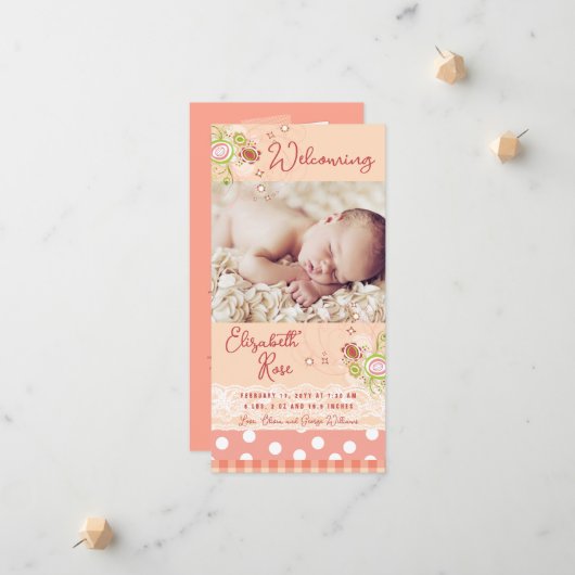 ピンクお洒落フローラ開花ベビーガールフォト誕生 案内状 (正面/裏面インサイチュ)