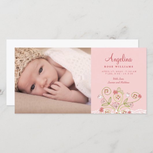 ピンクお洒落フローラ開花ベビーガールフォト誕生 案内状 (正面/裏面)