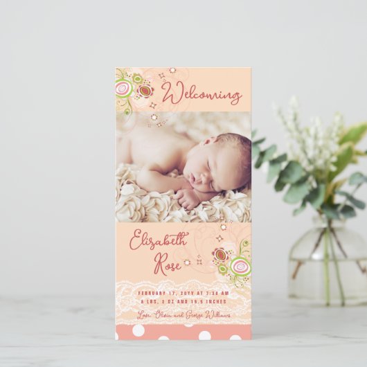 ピンクお洒落フローラ開花ベビーガールフォト誕生 案内状 (スタンド正面)