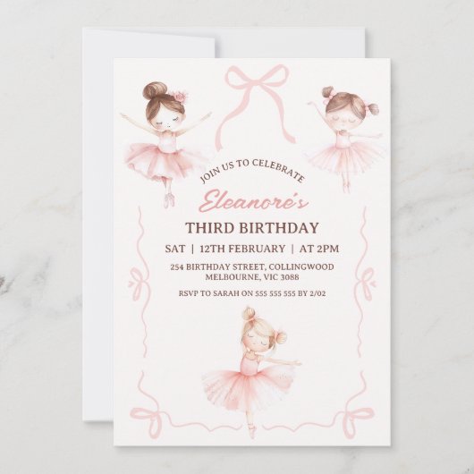 ピンクお洒落ブラウンボウズBallerina 3rd誕生日 招待状 (正面)