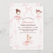 ピンクお洒落ブラウンボウズBallerina 3rd誕生日 招待状 (正面/裏面)
