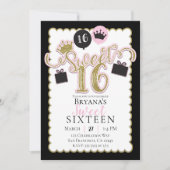 ピンクお洒落ブラック甘い16フォトバースデーパーティー 招待状 (正面)