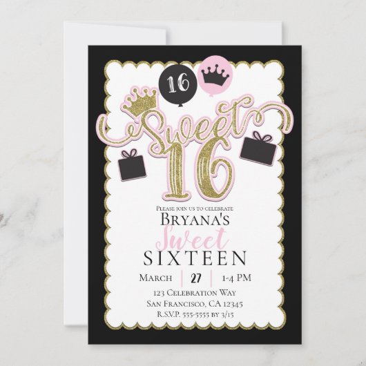 ピンクお洒落ブラック甘い16フォトバースデーパーティー 招待状 (正面)