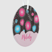 ピンクお洒落ブルーハートと花フローラ名 オーナメント (正面)