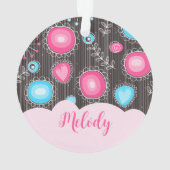 ピンクお洒落ブルーハートと花フローラ名 オーナメント (裏面)