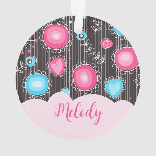 ピンクお洒落ブルーハートと花フローラ名 オーナメント (裏面)