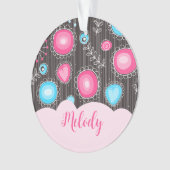 ピンクお洒落ブルーハートと花フローラ名 オーナメント (正面)