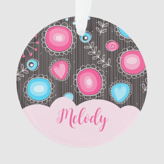 ピンクお洒落ブルーハートと花フローラ名 オーナメント (正面)