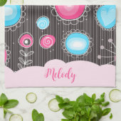 ピンクお洒落ブルーハートと花フローラ名 キッチンタオル (折り畳み)