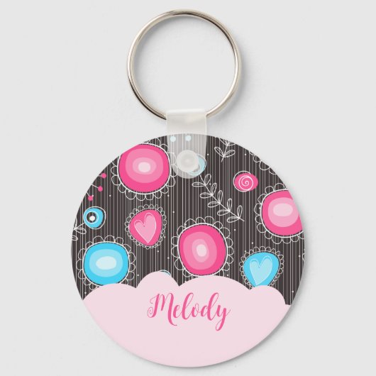 ピンクお洒落ブルーハートと花フローラ名 キーホルダー (正面)