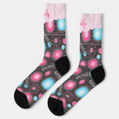 ピンクお洒落ブルーハートと花フローラ名 ソックス (左)