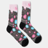 ピンクお洒落ブルーハートと花フローラ名 ソックス (右)