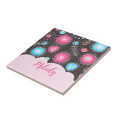 ピンクお洒落ブルーハートと花フローラ名 タイル (側面)