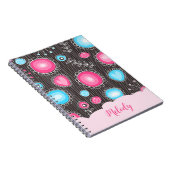 ピンクお洒落ブルーハートと花フローラ名 ノートブック (右側)