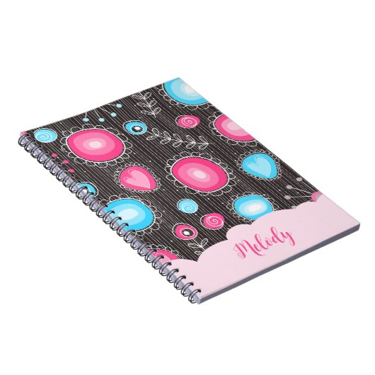 ピンクお洒落ブルーハートと花フローラ名 ノートブック (右側)