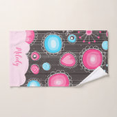 ピンクお洒落ブルーハートと花フローラ名 ハンドタオル (ハンドタオル)