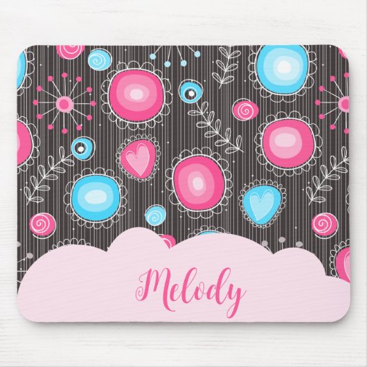 ピンクお洒落ブルーハートと花フローラ名 マウスパッド (正面)