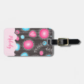 ピンクお洒落ブルーハートと花フローラ名 ラゲッジタグ (正面横)