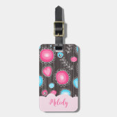 ピンクお洒落ブルーハートと花フローラ名 ラゲッジタグ (正面縦)