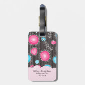 ピンクお洒落ブルーハートと花フローラ名 ラゲッジタグ (裏面縦)