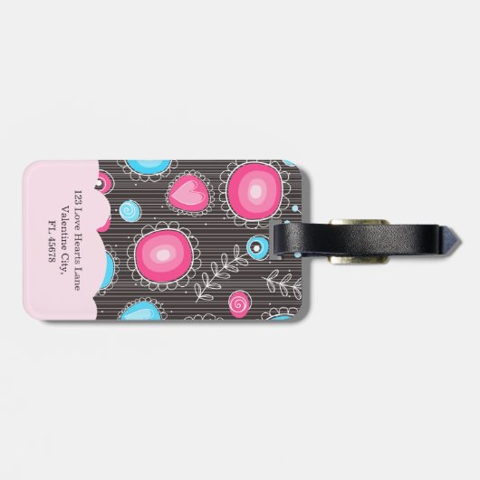 ピンクお洒落ブルーハートと花フローラ名 ラゲッジタグ (裏面横)