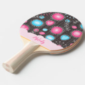 ピンクお洒落ブルーハートと花フローラ名 卓球ラケット (正面アングル)