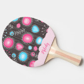 ピンクお洒落ブルーハートと花フローラ名 卓球ラケット (横)